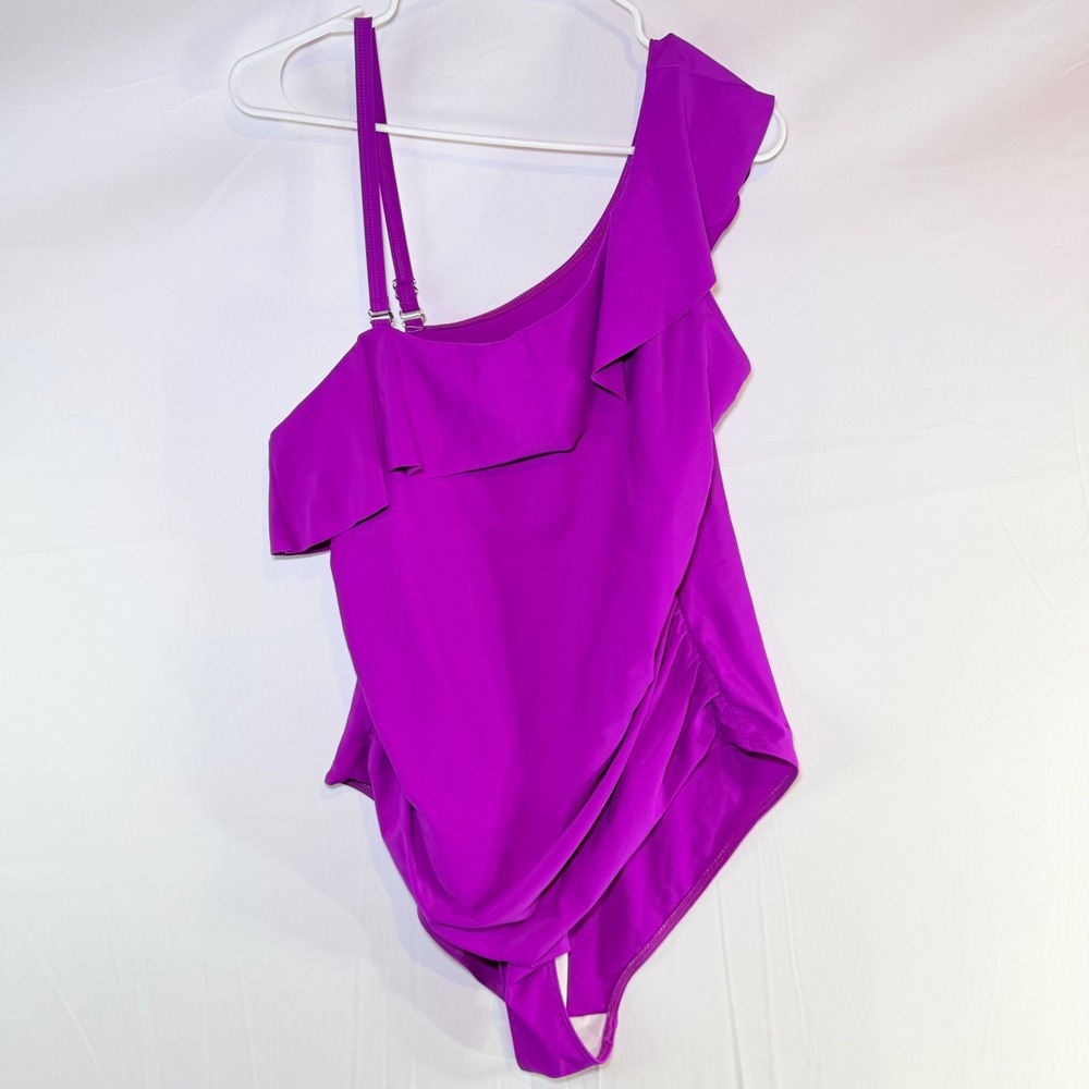 Magenta One Shoulder Ruffle Ruched One Piece Swimsuit‎ Purple XXL